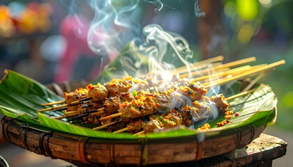 Delicious freshly grilled meat satay skewers steaming on a banana leaf platter at a traditional Asian street food market