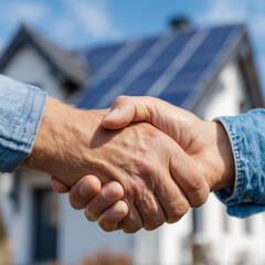 Close-up handshake between homeowner and contractor in front of blurred solar panels