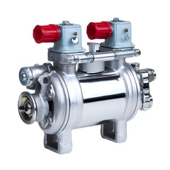 Industrial dual solenoid cylinder actuator pump with polished chrome finish isolated on a clean white background