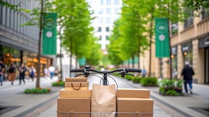 eco friendly shopping sale Bicycle with delivery boxes parked on a lively urban street lined with greenery.