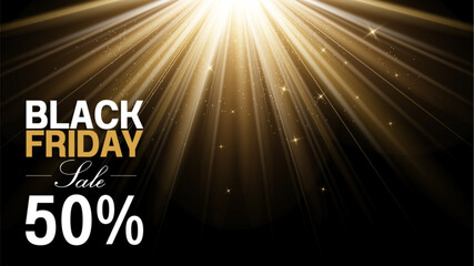 Black Friday sale 50 percent off banner with golden light shining on black background, social media template for marketing, department store promotion, luxury night style poster, not AI generated