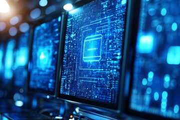 Multiple computer screens display digital circuit boards with glowing data