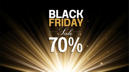 Golden light Black Friday 70 percent off sale on black background, elegant vertical banner template for social media, promotion design for department store, product brand marketing, not AI generated