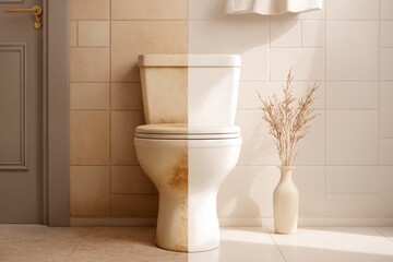 Toilet before and after deep cleaning in bathroom interior