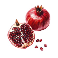 Ripe Pomegranate Whole and Half Isolated Superfood Illustration Healthy Diet Antioxidant Vitamin Rich Fruit