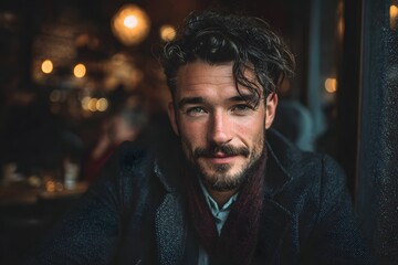 Fototapeta premium Sideburns on a fashionable man in a warm cozy cafe with vivid surroundings full frame.