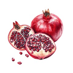 Whole and Halved Pomegranate Fruit Watercolor Illustration Isolated Fresh Organic Healthy Superfood