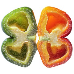 Vibrant Frosted Bell Pepper Halves Green and Orange Symmetrical Cross Section Sweet and Savory Food Design
