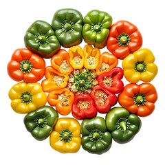 Variety of Colorful Bell Peppers Sliced and Whole Fresh Healthy Organic Produce Flat Lay