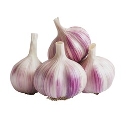 Four Whole Fresh Purple Striped Garlic Bulbs Isolated On White Healthy Organic Vegetable Produce For Recipes