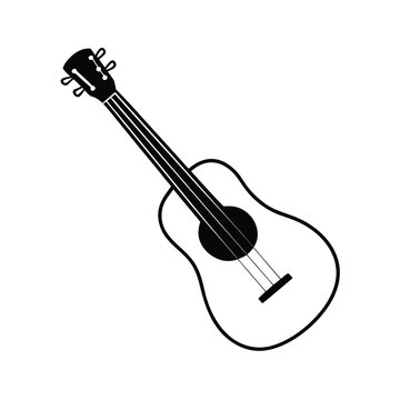 Simple black silhouette of a ukulele on a clean white background