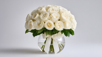 Beautiful bouquet of white roses on a plain background. Possible use Floral shop advertisement or greeting card design