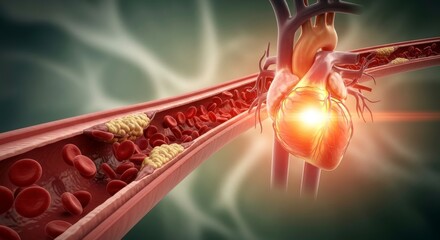 Illustration of a human heart with blood cells and plaque in a blood vessel