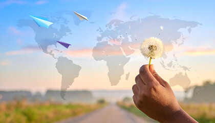 Hand holding a dandelion seed head against a world map, suggesting global travel and freedom.