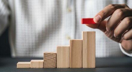 A hand placing a red block on top of a stacked set of wooden blocks forming steps