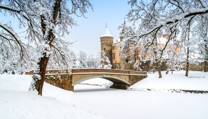 Snowy castle and bridge