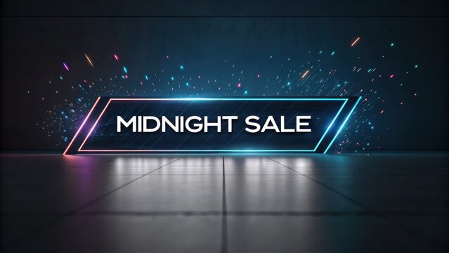 midnight shopping event Promotional graphic featuring a vibrant "Midnight Sale" announcement with dynamic light effects.
