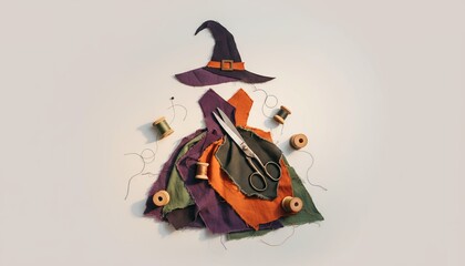 Flat lay of Halloween-themed fabric scraps with witch hat and scissors