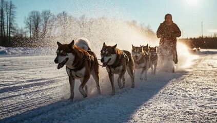 Naklejka premium A musher guiding a sled dog team through a snowy landscape with splashes of snow and a bright sun