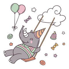 Charming SVG of a Relaxed Rhino featuring on a cloud swing, styled in a Birthday theme with Candy Shop hues