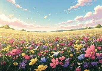 A vibrant field of colorful cosmos flowers stretches across a landscape under a serene sky filled with fluffy clouds.