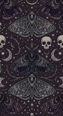 A mystical, ornate pattern of moths, moons, stars, and skulls, set against a deep indigo background, evokes a nocturnal, enchanting mood.