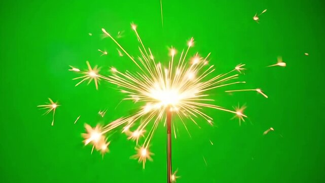 Sparkling firework sparkler on green screen background, festive golden sparks for compositing, glowing celebratory pyrotechnics for video editing