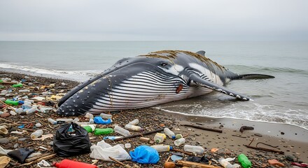 A whale lies deceased on a beach littered with plastic waste, highlighting the devastating impact of pollution on marine life.