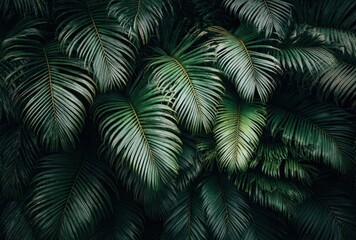 Dense cluster of vibrant green palm fronds fill the frame, showcasing the lush texture and natural patterns in soft, diffused lighting