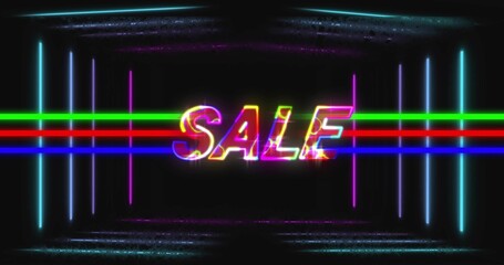 Glowing neon SALE text pulsing on black backdrop, with multicolored lines and vertical bars