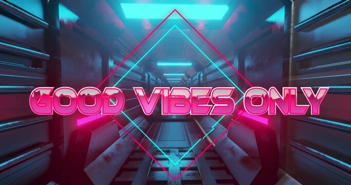 Glowing diamond-shaped neon frame highlighting sci-fi corridor, with neon text GOOD VIBES ONLY - Powered by Adobe