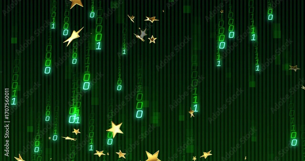 Poster streaming binary digits cascading in digital field, with gold five-pointed stars and motion trails