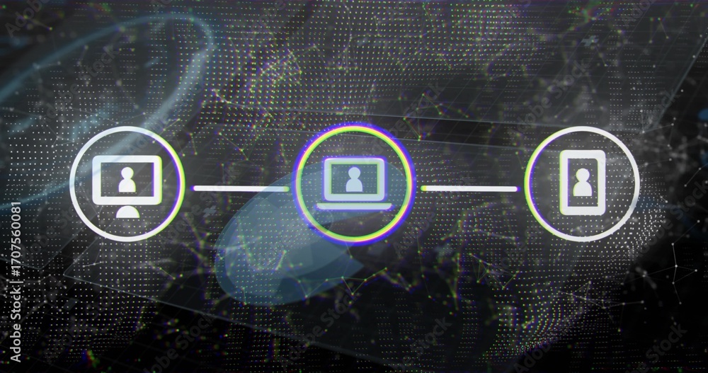 Poster displaying monitor, laptop, smartphone icons on digital network background with connecting lines