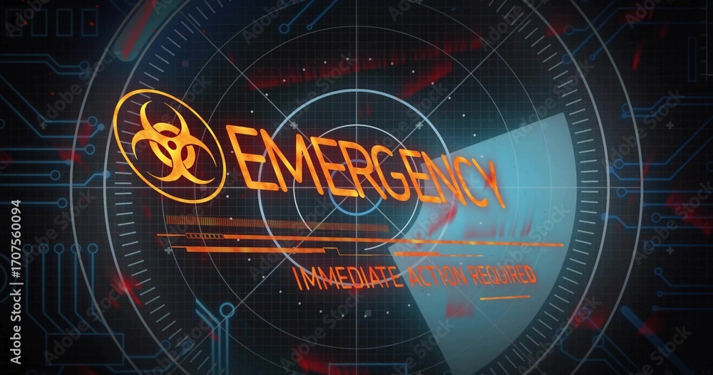 Poster flashing biohazard alert on panel showing emergency and immediate action required amid circuit grid