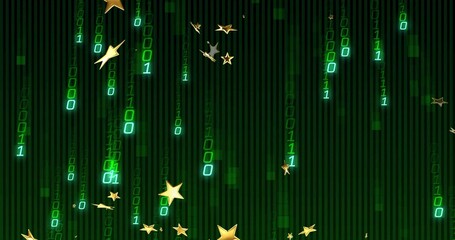 Streaming binary digits cascading in digital field, with gold five-pointed stars and motion trails