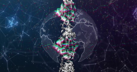 Glitching vertical column intersecting wireframe globe in data field, pulsing with RGB meshes