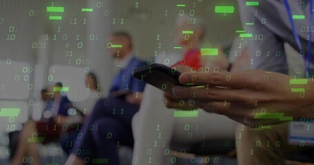 Grasping smartphone with right hand in office lobby, blurred professionals, binary code, copy space