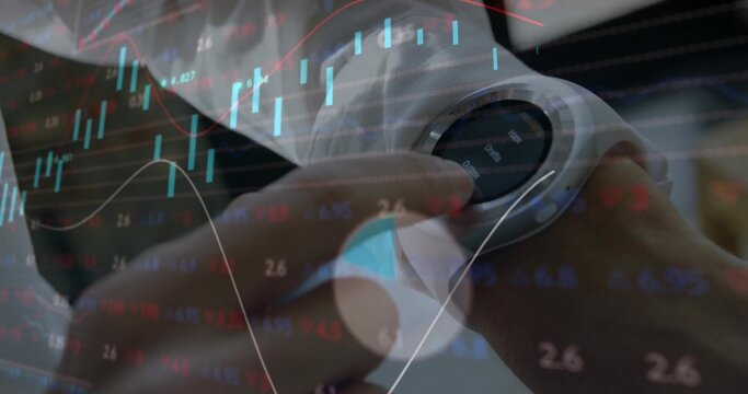 Interacting business-clad woman adjusting round-faced smartwatch at office desk, with market graphs - Powered by Adobe