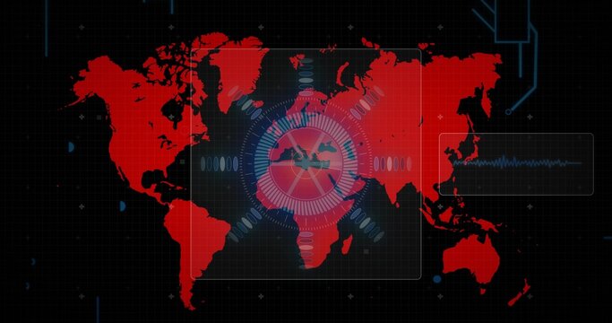 Central radar graphic scanning in control panel with world map, nodes, waveform and circuit accents