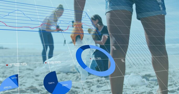 Cleaning volunteer wearing orange gloves holding bag on beach displaying data overlay copy space - Powered by Adobe