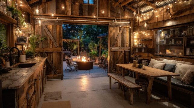 Rustic barn interior with outdoor patio area.