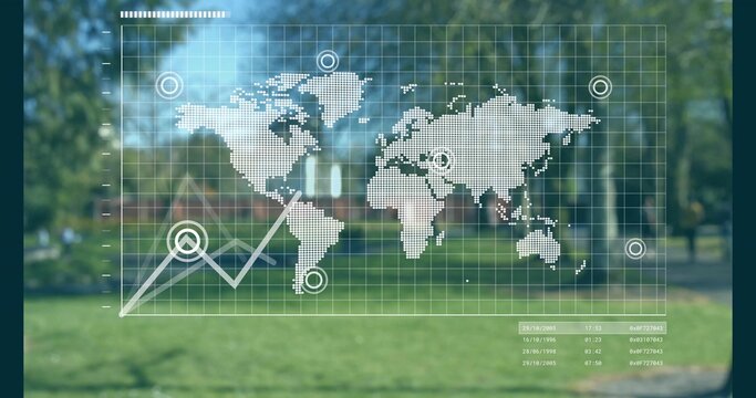 Displaying world map grid overlay in park, showing markers, line chart, timestamps and data tables