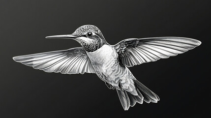 Obraz premium Hummingbird in mid-flight, showcasing its intricate feather patterns and graceful movement sketch engraving generative ai vector illustration. Scratch board imitation. Black and white image