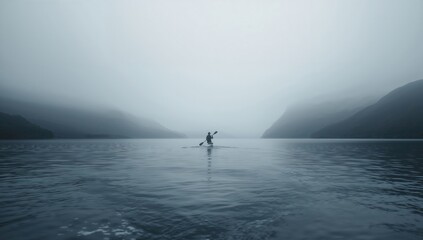 Fototapeta premium A solitary kayaker navigating through a misty lake surrounded by foggy mountains