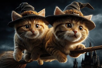cute kittens wearing little witch hats flying together on broomsticks across the night sky halloween illustration