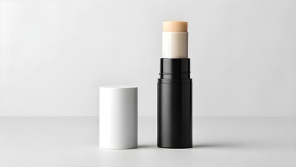Obraz premium Realistic Matte Finish BB Stick Mockup with Blank Twist-Up Packaging on Clean Background, Professional Cosmetic Template for Skincare and Makeup Branding Presentations