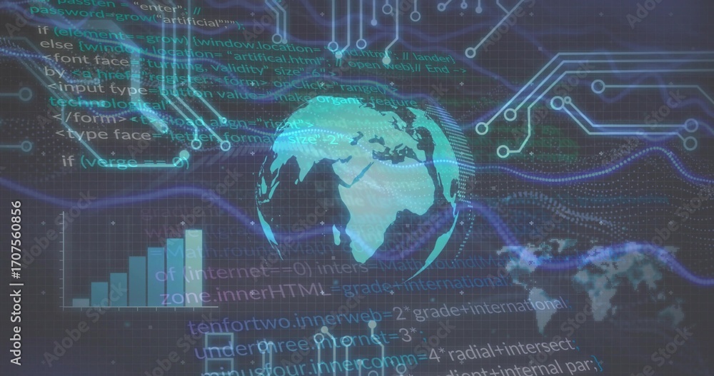 Aufkleber semi-transparent 3d globe rotating on dark grid plane, with neon network lines, code and bar chart