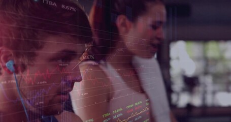 Monitoring stock charts, analyst duo working on trading floor with wireless earbud, copy space