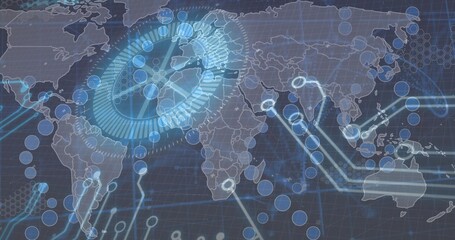 Projecting holographic circular interface hovering above world map, with glowing nodes and hex grid