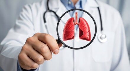 Doctor examining lungs with magnifying glass in a medical examination scene